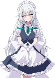 Rule 34 | 1girl, alternate hair length, alternate hairstyle, blush, bow, braid, breasts, commentary request, dress, gloves, green ribbon, grey hair, hair between eyes, hair ribbon, highres, izayoi sakuya, large bow, large breasts, long hair, looking at viewer, maid, maid headdress, open mouth, puffy short sleeves, puffy sleeves, red eyes, ribbon, short sleeves, simple background, solo, touhou, tsukimirin, twin braids, very long hair, white background, white bow, white gloves