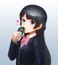 Rule 34 | 1girl, badge, black hair, black jacket, blazer, blue eyes, blush, bow, bowtie, braid, button badge, closed mouth, collared shirt, commentary request, french braid, gradient background, heart, highres, jacket, long hair, long sleeves, nijisanji, pink bow, pink bowtie, randle, school uniform, shirt, smile, solo, tsukino mito, tsukino mito (1st costume), upper body, virtual youtuber