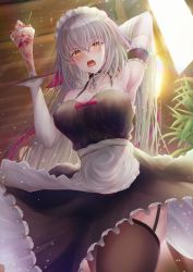 Rule 34 | 1girl, absurdres, alternate costume, angry, apron, arm behind head, arm garter, arm up, armpits, bare shoulders, black dress, breasts, chain, choker, collar, collarbone, dress, elbow gloves, embarrassed, enmaided, fate/grand order, fate (series), frilled dress, frills, from below, garter straps, gloves, highres, holding, holding plate, jeanne d&#039;arc (fate), jeanne d&#039;arc alter (avenger) (fate), jeanne d&#039;arc alter (fate), large breasts, light rays, long dress, long hair, long skirt, maid, maid headdress, open mouth, penguintake, plate, silver hair, skindentation, skirt, sleeveless, sleeveless dress, solo, spaghetti strap, sunbeam, sunlight, thighhighs, tsurime, upper body, v-shaped eyebrows, very long hair, waist apron, waitress, white gloves, yellow eyes
