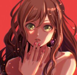 Rule 34 | 1girl, bang dream!, brown hair, earrings, green eyes, highres, imai lisa, jewelry, long hair, looking at viewer, nail polish, portrait, pursed lips, rabbit earrings, red background, red nails, shirt, signature, white shirt, xin (blueramen)