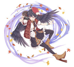 Rule 34 | 1girl, adapted costume, alternate headwear, autumn leaves, black hair, black pantyhose, black wings, boots, bracelet, cameltoe, camera, geta, ginkgo tree, hat, jewelry, licking lips, looking at viewer, mumulatte, nail polish, necktie, one eye closed, open clothes, open vest, pantyhose, pointy ears, puffy sleeves, red nails, shameimaru aya, shirt, short sleeves, skirt, smile, solo, tongue, tongue out, touhou, vest, wings, wink