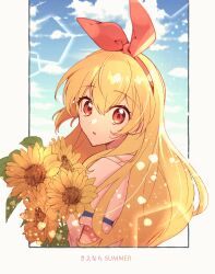 Rule 34 | 1girl, aikatsu!, aikatsu! (series), blonde hair, blue sky, bouquet, bow, cloud, commentary request, flower, hair between eyes, hair bow, hairband, highres, holding, holding bouquet, holding flower, hoshimiya ichigo, kaji sayaka (chouchou387), long hair, looking at viewer, open mouth, red bow, red eyes, red hairband, sky, solo, sunflower, upper body, yellow flower