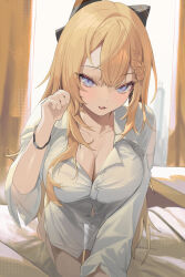 Rule 34 | 1girl, :3, absurdres, all fours, bed sheet, black bow, blonde hair, blue eyes, bow, braid, braided bangs, breasts, cleavage, collared shirt, crossed bangs, dress shirt, fang, hair between eyes, hair bow, hand up, highres, indoors, korean commentary, large breasts, light blush, long hair, long sleeves, looking at viewer, no pants, original, parted lips, partially unbuttoned, paw pose, rima (0136), shirt, skin fang, smile, solo, sonya (schan), very long hair, white shirt