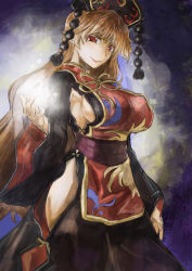 Rule 34 | 1girl, black dress, blonde hair, breasts, clothing cutout, dress, hat, headdress, junko (touhou), large breasts, long sleeves, looking at viewer, mature female, red eyes, sash, side cutout, sideboob, smile, solo, tabard, touhou, wavy hair, wide sleeves, yohane