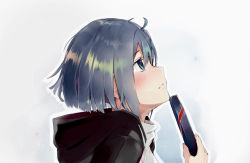 Rule 34 | 1girl, black jacket, blue eyes, blue hair, blush, box, closed mouth, commentary request, darling in the franxx, drawstring, gift, gift box, grey background, hair between eyes, hand up, holding, holding gift, hood, hood down, hooded jacket, ichigo (darling in the franxx), jacket, looking away, profile, shirt, solo, tsurara eeri, valentine, white shirt