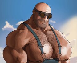Rule 34 | 1boy, animated, animated gif, bad deviantart id, bad id, bald, bara, bare pectorals, beard stubble, biceps, blue sky, bouncing pecs, chest hair, commentary, engineer (tf2), english commentary, facial hair, goggles, large pectorals, looking afar, looking down, male focus, muscular, muscular male, nipples, nose, pectorals, round eyewear, sky, smile, sniperstalker, solo, stubble, suspenders, team fortress 2, three quarter view, turning head