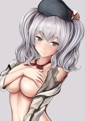 Rule 34 | 10s, 1girl, arm at side, bad id, bad pixiv id, beret, blush, breast suppress, breasts, cleavage, closed mouth, collared shirt, covering privates, covering breasts, eyebrows, female focus, grey background, grey eyes, grey hair, grey shirt, hat, kantai collection, kashima (kancolle), large breasts, long sleeves, looking at viewer, nannacy7, shirt, simple background, smile, solo, striped, torn clothes, twintails, upper body, wavy hair