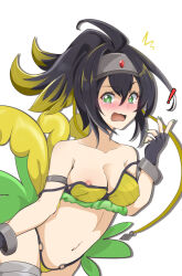 Rule 34 | !, 1girl, @ @, adapted costume, bikini, black hair, blonde hair, blush, boots, colored tips, commission, duel monster, feathers, fingerless gloves, gloves, green eyes, green nails, hairband, high heel boots, high heels, highres, mochi curry, multicolored hair, nipple slip, nipples, open mouth, pixiv commission, s-force rappa chiyomaru, solo, stomach, swimsuit, thighhighs, yu-gi-oh!