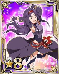 Rule 34 | 10s, 1girl, ahoge, armor, armpits, arms up, breastplate, card (medium), detached sleeves, fingerless gloves, gloves, hairband, long hair, looking at viewer, one eye closed, open mouth, purple armor, purple gloves, purple hair, red eyes, red hairband, solo, star (symbol), sword art online, yuuki (sao)