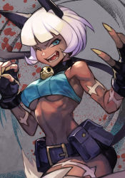 Rule 34 | 1girl, animal ears, bare shoulders, belt, belt pouch, blue eyes, bob cut, breasts, cat ears, cat tail, claws, cowboy shot, cropped sweater, dark-skinned female, dark skin, fangs, fingerless gloves, gloves, hungry clicker, midriff, ms. fortune (skullgirls), one eye closed, open mouth, pouch, scar, short hair, skullgirls, solo, tail, underboob, white hair
