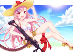 Rule 34 | 1girl, :d, ammunition, ammunition belt, arm up, bare arms, bare shoulders, belt-fed, bikini, bikini under clothes, blush, bow, braid, breasts, brown footwear, brown hat, brown shorts, bullet, cleavage, commentary request, day, general-purpose machine gun, girls&#039; frontline, gun, hair ornament, hairclip, hand on headwear, harada (sansei rain), hat, hat bow, hexagram, highres, holding, holding gun, holding weapon, imi negev, iwi negev, light machine gun, long hair, looking at viewer, machine gun, medium breasts, name connection, navel, negev (girls&#039; frontline), object namesake, open clothes, open fly, open mouth, open shorts, pink hair, red bow, red eyes, sandals, short shorts, shorts, smile, solo, star of david, sun hat, swept bangs, swimsuit, very long hair, weapon, white bikini