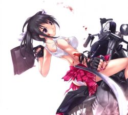 Rule 34 | 1girl, ass, black hair, blood, breasts, briefcase, cait aron, covered erect nipples, fingerless gloves, gloves, midriff, motor vehicle, motorcycle, nipples, panties, purple eyes, short twintails, simple background, skirt, solo, tank top, tonfa, torn clothes, twintails, underwear, vehicle, weapon