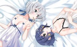 Rule 34 | 10s, 2girls, bare shoulders, bed sheet, blue eyes, blue hair, blush, breasts, brown eyes, cleavage, collarbone, food, hair ornament, hair ribbon, konno junko, long hair, low twintails, lying, maji (etonato), mizuno ai, multiple girls, nightgown, on back, pocky, pocky day, ribbon, short hair, silver hair, sleeveless, small breasts, twintails, zombie land saga