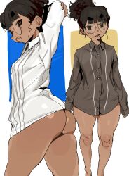 Rule 34 | 1girl, absurdres, arms behind head, ass, blunt bangs, breasts, brown shirt, collared shirt, cowboy shot, dark-skinned female, dark skin, feet out of frame, glasses, highres, long sleeves, multiple views, open mouth, original, ponytail, rory (whoopsatro), round eyewear, shirt, small breasts, white shirt, whoopsatro
