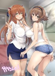 Rule 34 | 2girls, ass, breasts, brown hair, cleavage, commission, commissioner upload, crossover, denim, denim shorts, girls&#039; frontline, hair ribbon, headband, heart, heart necklace, highres, jewelry, kantai collection, large breasts, long hair, looking at viewer, micro shorts, mitarashi kousei, multiple girls, mutsu (kancolle), necklace, ribbon, ring, second-party source, short hair, short shorts, shorts, skirt, springfield (girls&#039; frontline), unbuttoned, unbuttoned shirt, wedding band
