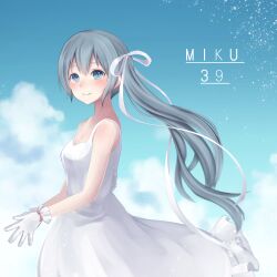Rule 34 | 1girl, 39, absurdres, alternate hairstyle, blue eyes, blue hair, blush, character name, day, dress, frilled gloves, frills, from side, gloves, hair ribbon, hatsune miku, highres, long hair, looking at viewer, miku day, own hands together, ribbon, side ponytail, sky, sleeveless, sleeveless dress, smile, solo, very long hair, vocaloid, yutuka01