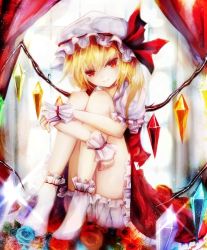 Rule 34 | 1girl, basilis9, blonde hair, bloomers, blue rose, curtains, dress, flandre scarlet, flower, hat, hat ribbon, highres, hugging own legs, looking at viewer, mob cap, puffy sleeves, red dress, red eyes, revision, ribbon, rose, shirt, short sleeves, side ponytail, sitting, smile, solo, touhou, underwear, window, wings, wrist cuffs