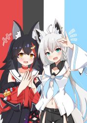 Rule 34 | 2girls, ahoge, animal ear fluff, animal ears, arm up, black shirt, black shorts, black skirt, blue neckerchief, blush, braid, breasts, choker, commentary request, detached sleeves, earrings, ekaki mato, fox ears, fox girl, fox shadow puppet, fox tail, green eyes, hair between eyes, hair ornament, hairclip, highres, hololive, hood, hoodie, jewelry, long hair, looking at viewer, midriff, multiple girls, navel, neckerchief, notice lines, ookami mio, ookami mio (1st costume), open mouth, own hands together, pleated skirt, red choker, shirakami fubuki, shirakami fubuki (1st costume), shirt, shorts, sidelocks, simple background, single braid, skirt, small breasts, tail, virtual youtuber, white hair, white hoodie, wolf ears, wolf girl