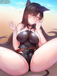 Rule 34 | 1girl, animal ears, arknights, black one-piece swimsuit, blush, breasts, covered anus, highres, large breasts, lying, official alternate costume, on back, one-piece swimsuit, rebe11, skyfire (arknights), skyfire (temperature difference) (arknights), solo, spread legs, swimsuit, tail