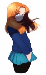 Rule 34 | 10s, 1girl, alternate hairstyle, black pantyhose, blue eyes, blue skirt, blue sweater, closed mouth, commentary, cowboy shot, cropped legs, girls und panzer, hair down, highres, light frown, long hair, long sleeves, looking at viewer, miniskirt, mityubi, orange hair, orange pekoe (girls und panzer), pantyhose, parted bangs, pleated skirt, school uniform, shade, skirt, skirt tug, solo, st. gloriana&#039;s school uniform, standing, sweater, wind