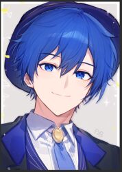 Rule 34 | 1boy, black border, blue eyes, blue hair, blue necktie, border, closed mouth, collared shirt, commentary, confetti, hair between eyes, hat, kaito (vocaloid), lapels, looking at viewer, male focus, necktie, notched lapels, panprika, project sekai, shirt, short hair, solo, star (symbol), vocaloid
