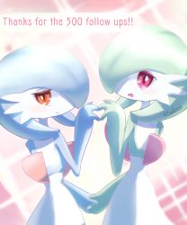 Rule 34 | 2girls, artist name, blue hair, blush, bob cut, closed mouth, colored skin, creatures (company), english text, engrish text, female focus, from behind, game freak, gardevoir, gen 3 pokemon, green hair, green skin, half-closed eyes, hand up, happy, heart, heart hands, heart hands duo, highres, holding hands, interlocked fingers, light blush, looking at viewer, looking back, milestone celebration, multicolored skin, multiple girls, nintendo, open mouth, orange eyes, pink background, pokemon, pokemon (creature), ranguage, red eyes, short hair, signature, smile, standing, tsukkon, twitter username, two-tone skin, upper body, white skin