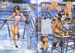 Rule 34 | 2girls, ass, blue eyes, breasts, brown hair, chair, cyril brooklyn, fingerless gloves, galgrease, galhound, gloves, hat, highres, legs, looking at viewer, looking back, marina hayami, multiple girls, pool, shiny skin, shirou masamune, short hair, swimsuit, water