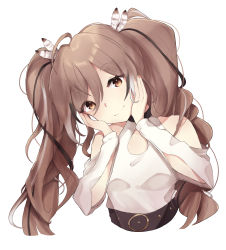 Rule 34 | 1girl, absurdres, ahoge, brown eyes, brown hair, closed mouth, clothing cutout, cropped torso, feather hair ornament, feathers, hair between eyes, hair ornament, hands on own cheeks, hands on own face, head tilt, highres, hito (maruhito ), hololive, hololive english, long hair, looking at viewer, multicolored hair, nanashi mumei, shirt, shoulder cutout, simple background, smile, solo, streaked hair, twintails, virtual youtuber, white background, white hair, white shirt