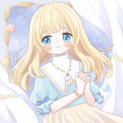 Rule 34 | 1girl, bead bracelet, bead necklace, beads, blonde hair, blue eyes, blush, bottle, bracelet, candy, food, high collar, highres, hiiragi hinana, jewelry, konpeitou, long hair, looking to the side, necklace, original, own hands clasped, own hands together, puffy short sleeves, puffy sleeves, short sleeves, skirt, smile, solo, star (symbol), star bracelet