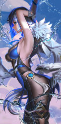 Rule 34 | 1girl, armpits, arms up, ass, backless outfit, blue gemstone, blue hair, breasts, center opening, clothing cutout, cowboy shot, fishnets, from side, fur-trimmed jacket, fur trim, gem, genshin impact, gloves, green eyes, highres, hip vent, impossible clothes, jacket, leaning forward, liang xing, looking at viewer, looking to the side, median furrow, medium breasts, mole, mole on arm, mole on breast, open clothes, open jacket, paid reward available, pantyhose, pelvic curtain, short hair, shoulder blades, sideboob, smile, solo, thigh cutout, vision (genshin impact), water, white gloves, yelan (genshin impact)