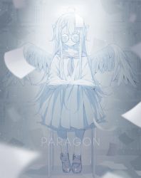 Rule 34 | 1girl, ahoge, amatsuka uto, blue theme, closed mouth, commentary, deyui, dress, english commentary, english text, feathered wings, glasses, greyscale, hair ornament, hairclip, half-closed eyes, highres, indie virtual youtuber, loafers, long hair, long sleeves, monochrome, pantyhose, paper, pleated dress, round eyewear, sailor dress, shoes, sitting, solo, very long hair, virtual youtuber, wing hair ornament, wings