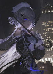 Rule 34 | 1girl, arknights, bare shoulders, black dress, black umbrella, building, buttons, chibi (shimon), commentary request, dress, eyepatch, floating hair, gloves, hair ornament, hat, holding, holding umbrella, house, long hair, looking away, medical eyepatch, one eye covered, outdoors, ponytail, purple eyes, rain, shadow, solo, syringe, two-tone dress, umbrella, upper body, very long hair, whisperain (arknights), white dress, white gloves, white hair, white hat, x hair ornament