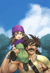 Rule 34 | 1boy, 1girl, age difference, aged down, armor, child, day, dragon quest, dragon quest v, father and son, hand on another&#039;s head, hero (dq5), jewelry, male focus, necklace, outdoors, papas, pauldrons, shoulder armor, sky, tooth necklace, turban