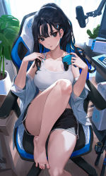 Rule 34 | 1girl, bare legs, barefoot, black eyes, black hair, black shorts, blue hair, blue nails, breasts, cactus, chair, colored inner hair, computer, controller, earrings, ekao, game controller, gaming chair, hair ornament, hairclip, highres, holding, holding controller, holding game controller, imagreal, indoors, jacket, jewelry, knee up, large breasts, long hair, looking at viewer, microphone, multicolored hair, nail polish, open clothes, open jacket, plant, potted plant, romany.io, short shorts, shorts, sitting, solo, swivel chair, virtual youtuber
