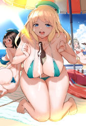Rule 34 | 10s, 3girls, ass, atago (kancolle), bare shoulders, beach, beach umbrella, between breasts, black hair, blonde hair, blue eyes, blush, breasts, character request, cleavage, closed eyes, covered erect nipples, drunk, grey hair, hat, highres, igarashi mangou, innertube, kantai collection, kneeling, large breasts, long hair, looking at viewer, medium breasts, multiple girls, open mouth, pola (kancolle), red eyes, sexually suggestive, sitting, smile, swim ring, swimsuit, takao (kancolle), thighs, umbrella