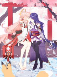 Rule 34 | 2girls, absurdres, animal ears, bare legs, bird, black thighhighs, blunt bangs, braid, breasts, bridal gauntlets, cherry blossoms, cleavage, closed mouth, crossed ankles, detached sleeves, drop shadow, earrings, falling petals, floppy ears, flower, fox, fox ears, genshin impact, glowing, hair between eyes, hair ornament, hand on own face, hand up, highres, japanese clothes, jewelry, kimono, long hair, looking ahead, looking at another, low-braided long hair, low-tied long hair, medium breasts, mitsudomoe (shape), multiple girls, no shoes, nontraditional miko, obi, obiage, obijime, off shoulder, open mouth, petals, pink hair, pink nails, purple eyes, purple flower, purple hair, purple kimono, purple nails, raiden shogun, sash, shirt, single hair tube, sitting, sleeveless, sleeveless shirt, thighhighs, tomoe (symbol), torii, tree, turtleneck, water, whispering, white background, white shirt, wide sleeves, yae miko, yaner 10