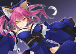 Rule 34 | 10s, 1girl, animal ears, bare shoulders, bow, breasts, cleavage, detached sleeves, fate/extra, fate (series), female focus, fox ears, fox tail, gradient background, hair bow, hair ribbon, japanese clothes, large breasts, long hair, looking at viewer, nanasi69, pink hair, ribbon, solo, tail, tamamo (fate), tamamo no mae (fate/extra), thighhighs, twintails, yellow eyes
