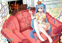 Rule 34 | 1girl, :q, absurdres, bags under eyes, blue eyes, blue hair, crown, dated, elbow gloves, gloves, hatsune miku, highres, long hair, matching hair/eyes, mini crown, scepter, sitting, solo, thighhighs, tongue, tongue out, twintails, very long hair, vocaloid