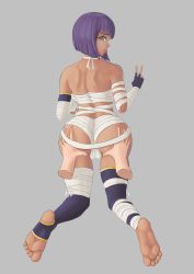 Rule 34 | 1girl, absurdres, alternate costume, ass, ass grab, bandages, bare shoulders, barefoot, blue eyes, breasts, cameltoe, dark skin, deep skin, disembodied hand, egyptian, embarrassed, fingerless gloves, from behind, gloves, highres, klompi, menat, open mouth, parted lips, purple hair, shiny skin, short hair, solo, street fighter, street fighter v, thighhighs, toeless legwear, v