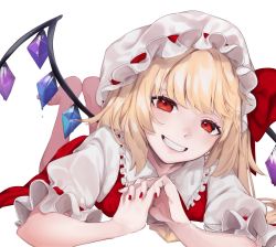Rule 34 | 1girl, absurdres, blonde hair, bow, crystal, fang, feet up, flandre scarlet, frills, grin, hat, hat bow, highres, long hair, looking at viewer, lying, mob cap, nail polish, narimachi yuki, on stomach, own hands clasped, own hands together, puffy short sleeves, puffy sleeves, red bow, red eyes, red nails, red skirt, red vest, shirt, short sleeves, simple background, skirt, smile, solo, touhou, vest, white background, white shirt, wings