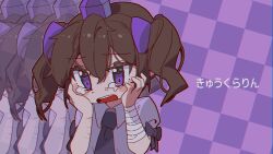 Rule 34 | 1girl, afterimage, bandaged arm, bandages, black bow, black necktie, blush, bow, brown hair, cevio, checkered background, collared shirt, commentary, cuts, double-parted bangs, hair between eyes, hair bow, hands on own cheeks, hands on own face, hata-tan (rui (hershe)), highres, himekaidou hatate, injury, kyu-kurarin (cevio), medium bangs, necktie, open mouth, pom pom (clothes), puffy short sleeves, puffy sleeves, purple bow, purple headwear, self-harm, shirt, short hair, short sleeves, short twintails, sleeve bow, solo, tearing up, touhou, translation request, twintails, upper body, vuluhappy, white shirt