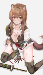 Rule 34 | 1girl, animal ear fluff, animal ears, arm support, armor, blush, boots, breasts, brown hair, chest tattoo, cleavage, closed mouth, collarbone, cross-laced footwear, elbow gloves, female focus, gloves, hand on own chest, highres, knee boots, large breasts, long hair, long sleeves, looking at viewer, mexif, on floor, partially unbuttoned, presenting, raccoon ears, raccoon girl, raccoon tail, raphtalia, red ribbon, ribbed shirt, ribbon, sheath, sheathed, shirt, shoulder armor, sitting, skirt, slave tattoo, solo, sword, tail, tate no yuusha no nariagari, tattoo, thighs, weapon