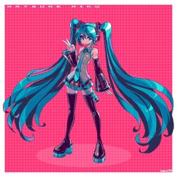 Rule 34 | 1girl, aqua eyes, aqua hair, aqua necktie, bare shoulders, black skirt, boots, border, character name, closed mouth, collared shirt, commentary request, detached sleeves, full body, grey shirt, hair ornament, hatsune miku, headphones, long hair, looking at viewer, mabius, necktie, number tattoo, outside border, pixel art, platform footwear, red background, shirt, skirt, sleeveless, sleeveless shirt, sleeves past wrists, solo, standing, tattoo, thigh boots, twintails, v, very long hair, vocaloid, white border
