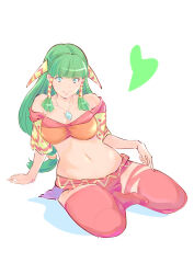 Rule 34 | 1girl, absurdres, breasts, cleavage, closed mouth, coripo, feena (grandia), full body, grandia, grandia i, green eyes, green hair, hair ornament, hair tubes, highres, jewelry, large breasts, long hair, looking at viewer, low-tied long hair, medium breasts, midriff, simple background, skirt, smile, solo, thighhighs, white background, wide sleeves
