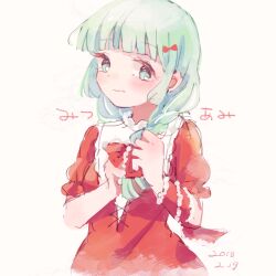 Rule 34 | 1girl, 3:, alternate hairstyle, arm ribbon, blunt bangs, blunt ends, blush, bow, braid, closed mouth, collared dress, cross-laced clothes, dated, dress, eyelashes, frilled ribbon, frilled shirt collar, frilled sleeves, frills, green eyes, green hair, hair bow, hair over shoulder, hands up, highres, kagiyama hina, long hair, looking at viewer, looking to the side, nig 18, one-hour drawing challenge, puffy short sleeves, puffy sleeves, red bow, red dress, red ribbon, ribbon, short sleeves, shy, side braid, simple background, single braid, sketch, solo, touhou, tying hair, upper body, wavy mouth, white background