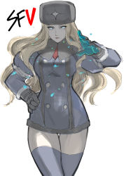 Rule 34 | 1girl, blonde hair, blue eyes, blue thighhighs, boots, capcom, cowboy shot, fur hat, fur trim, gloves, hand on own hip, hat, highres, ice, kolin, long hair, looking at viewer, simple background, solo, street fighter, street fighter v, tetsu (kimuchi), thighhighs, ushanka, wavy hair, white background, zettai ryouiki