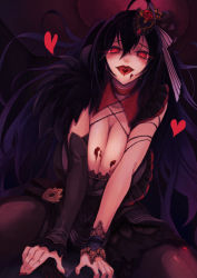 Rule 34 | 1girl, asymmetrical sleeves, azur lane, black dress, black hair, breasts, candy, chocolate, chocolate heart, chocolate on body, chocolate on breasts, cleavage, detached sleeves, dress, food, frilled dress, frills, glowing, glowing eyes, heart, heart-shaped pupils, huge breasts, long hair, looking at viewer, nail polish, open mouth, pantyhose, red eyes, red nails, ryo (sora-ryu), solo, symbol-shaped pupils, taihou (azur lane), taihou (muse) (azur lane), uneven sleeves, valentine, wing collar, yandere