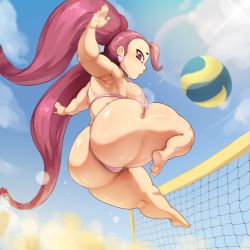 Rule 34 | 1girl, armpits, ass, ball, barefoot, beach volleyball, bikini, blue sky, boku no hero academia, breasts, cloud, cloudy sky, commentary request, curvy, day, earrings, fringe trim, from behind, full body, hair pulled back, heart, heart earrings, huge ass, jewelry, jujunaught, la brava, large breasts, lens flare, long hair, motion blur, pink bikini, playing sports, plump, purple hair, red eyes, shiny skin, shortstack, sideboob, sky, soles, solo, swimsuit, thick thighs, thighs, thong bikini, twintails, very long hair, volleyball, volleyball (object), volleyball net
