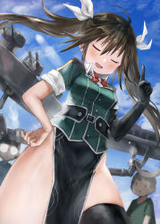Rule 34 | 1girl, 2boys, black gloves, black hair, black thighhighs, blush, commission, elbow gloves, glasses, gloves, hair between eyes, hair ribbon, kantai collection, long hair, machinery, multiple boys, open mouth, pelvic curtain, ribbon, rigging, short hair, short sleeves, single elbow glove, single thighhigh, skeb commission, thighhighs, toka (marchlizard), tone (kancolle), turret, twintails, white ribbon