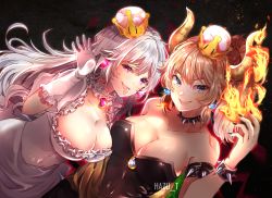 Rule 34 | 2girls, armlet, artist name, bare shoulders, black background, black dress, black nails, blonde hair, blue eyes, bowsette, bracelet, breasts, character name, choker, cleavage, collar, collarbone, covered navel, crown, dress, earrings, fire, frilled choker, frills, gloves, hazu t, horns, jewelry, large breasts, long hair, looking at viewer, luigi&#039;s mansion, mario (series), multiple girls, nail polish, new super mario bros. u deluxe, nintendo, open mouth, ponytail, princess king boo, purple eyes, salute, sharp teeth, short hair, simple background, smile, spiked armlet, spiked bracelet, spiked collar, spikes, super crown, teeth, tongue, tongue out, white choker, white dress, white gloves, white hair